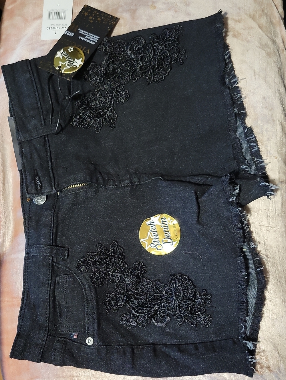 Vigoss Black Denim Girls' Shorts with Lace Appliqué